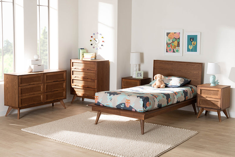 Bistra Mid-Century Modern Walnut Brown Finished Wood and Rattan Twin Size 5-Piece Bedroom Set