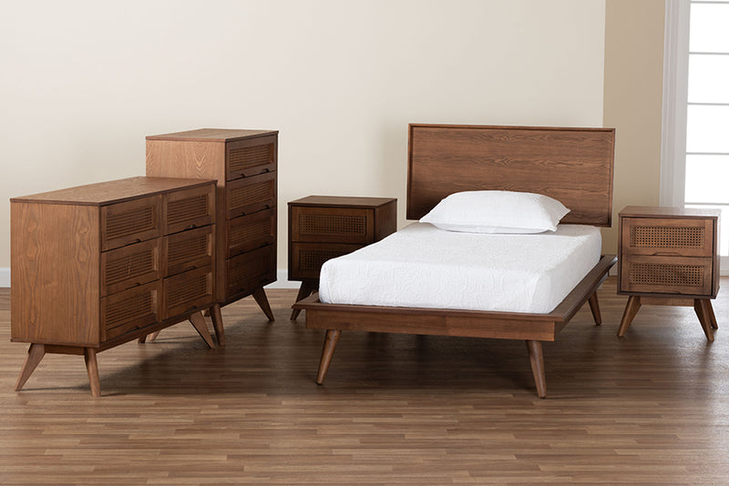 Bistra Mid-Century Modern Walnut Brown Finished Wood and Rattan Twin Size 5-Piece Bedroom Set