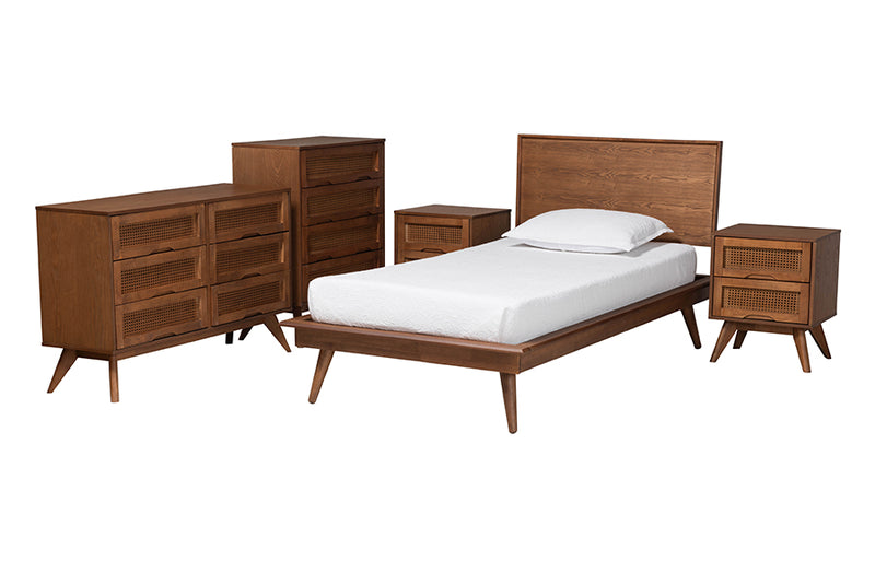 Bistra Mid-Century Modern Walnut Brown Finished Wood and Rattan Twin Size 5-Piece Bedroom Set