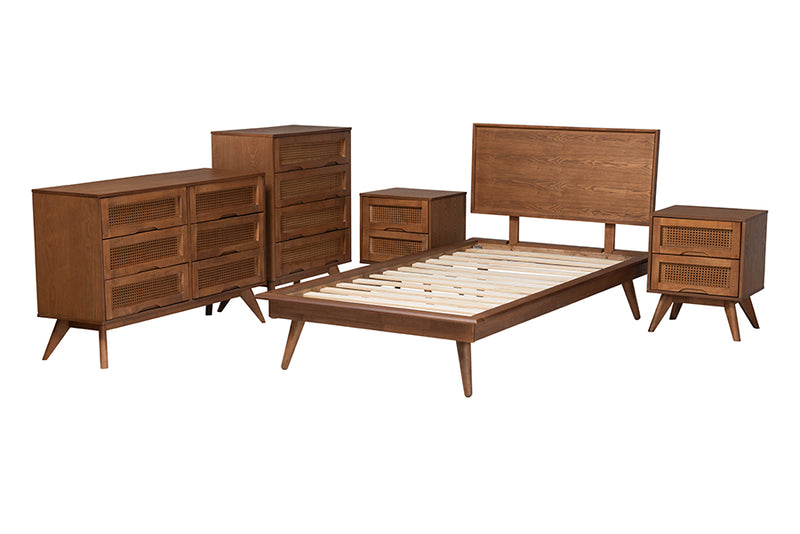 Bistra Mid-Century Modern Walnut Brown Finished Wood and Rattan Twin Size 5-Piece Bedroom Set