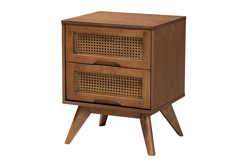 Bistra Mid-Century Modern Walnut Brown Finished Wood and Rattan Twin Size 5-Piece Bedroom Set