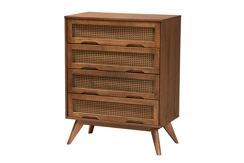 Bistra Mid-Century Modern Walnut Brown Finished Wood and Rattan Twin Size 5-Piece Bedroom Set