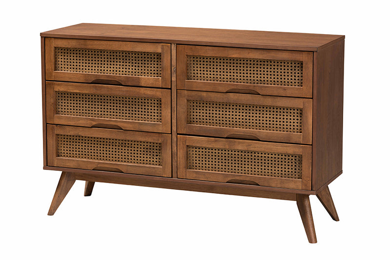 Bistra Mid-Century Modern Walnut Brown Finished Wood and Rattan Twin Size 5-Piece Bedroom Set