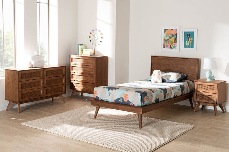 Bistra Mid-Century Modern Walnut Brown Finished Wood and Rattan Twin Size 4-Piece Bedroom Set