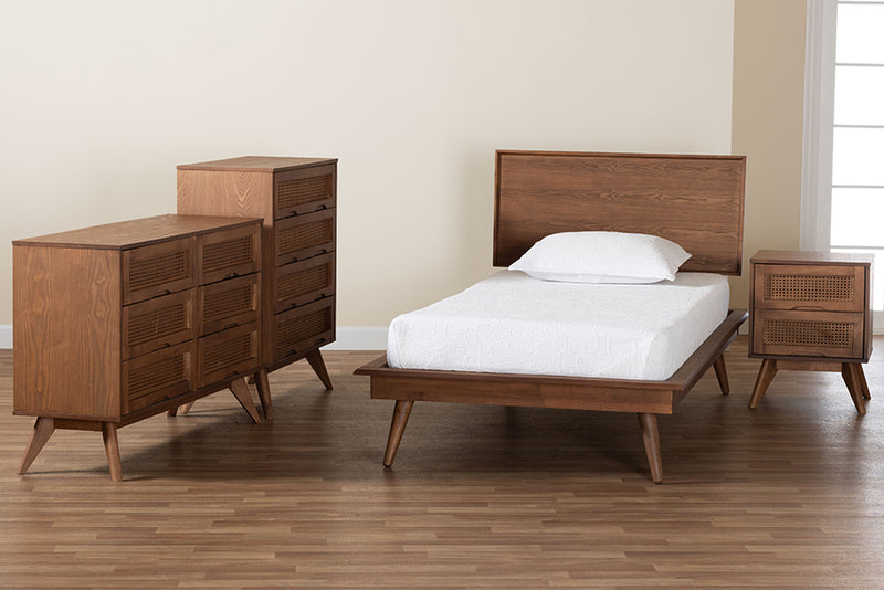 Bistra Mid-Century Modern Walnut Brown Finished Wood and Rattan Twin Size 4-Piece Bedroom Set