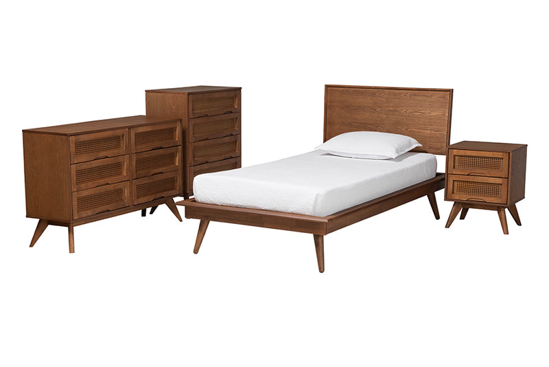 Bistra Mid-Century Modern Walnut Brown Finished Wood and Rattan Twin Size 4-Piece Bedroom Set