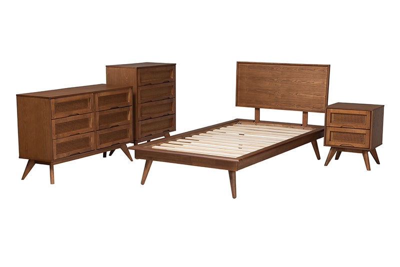 Bistra Mid-Century Modern Walnut Brown Finished Wood and Rattan Twin Size 4-Piece Bedroom Set