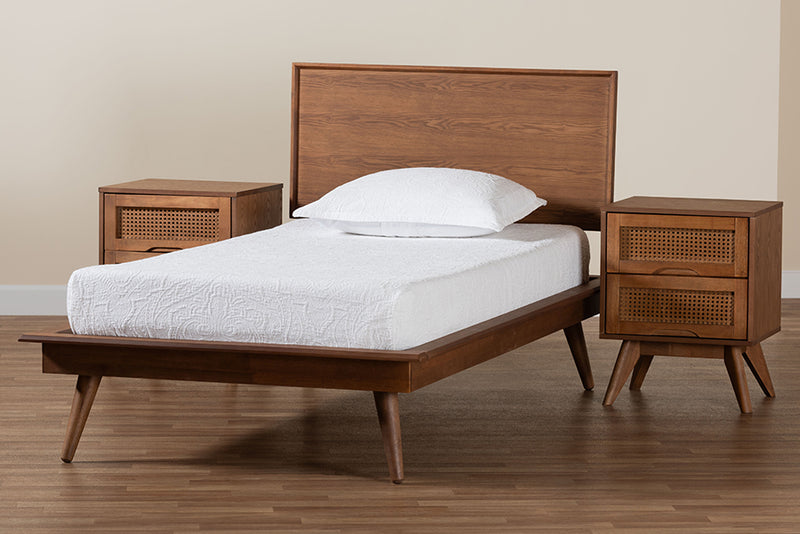 Bistra Mid-Century Modern Walnut Brown Finished Wood and Rattan Twin Size 3-Piece Bedroom Set