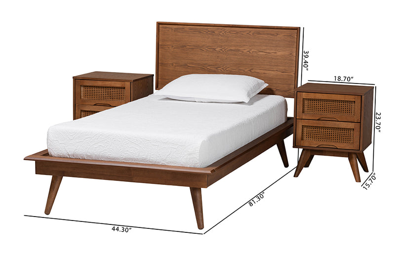 Bistra Mid-Century Modern Walnut Brown Finished Wood and Rattan Twin Size 3-Piece Bedroom Set