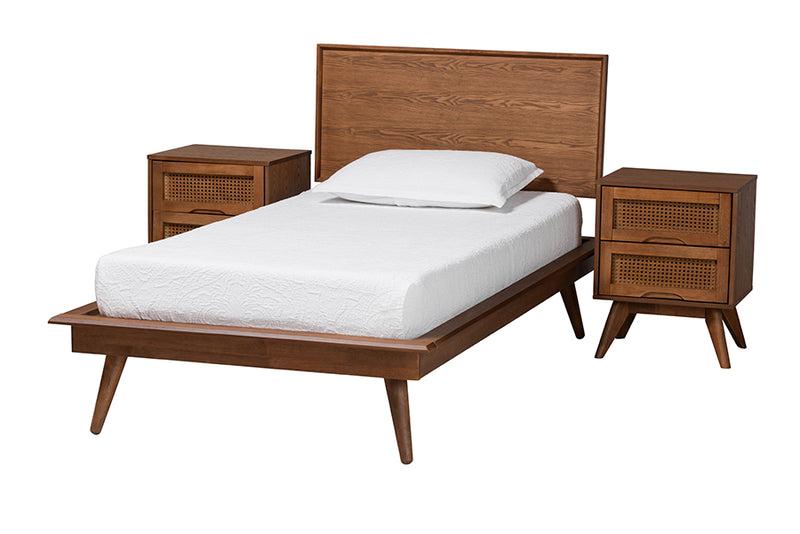 Bistra Mid-Century Modern Walnut Brown Finished Wood and Rattan Twin Size 3-Piece Bedroom Set