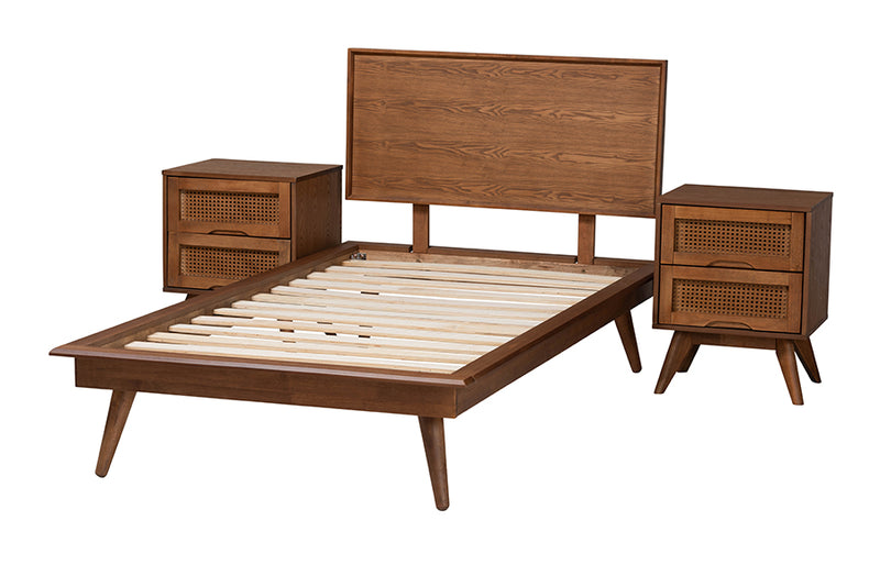 Bistra Mid-Century Modern Walnut Brown Finished Wood and Rattan Twin Size 3-Piece Bedroom Set