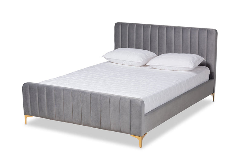 Lafoy Light Gray Velvet Fabric Gold Finished Queen Size Platform Bed Baxton