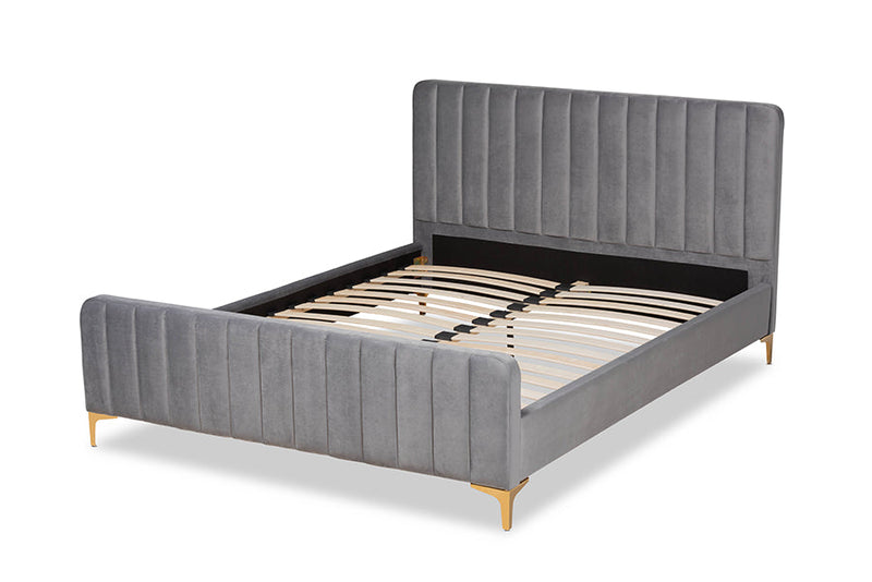 Lafoy Light Gray Velvet Fabric Gold Finished Queen Size Platform Bed Baxton