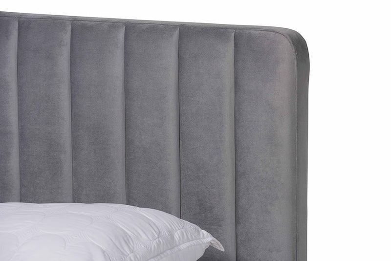 Lafoy Light Gray Velvet Fabric Gold Finished Queen Size Platform Bed Baxton