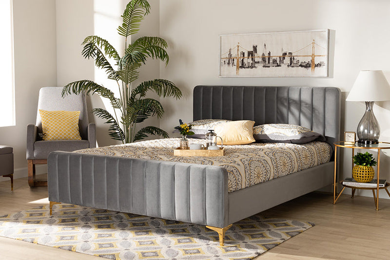 Lafoy Light Gray Velvet Fabric Gold Finished Queen Size Platform Bed Baxton