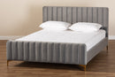 Lafoy Light Gray Velvet Fabric Gold Finished Queen Size Platform Bed Baxton