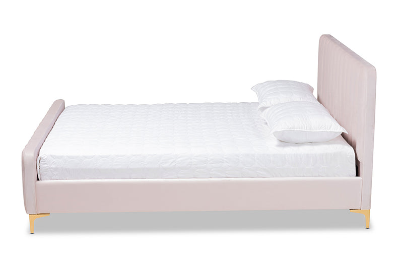 Lafoy Modern Contemporary Glam and Luxe Light Pink Velvet Fabric Upholstered and Gold Finished Full Size Platform Bed