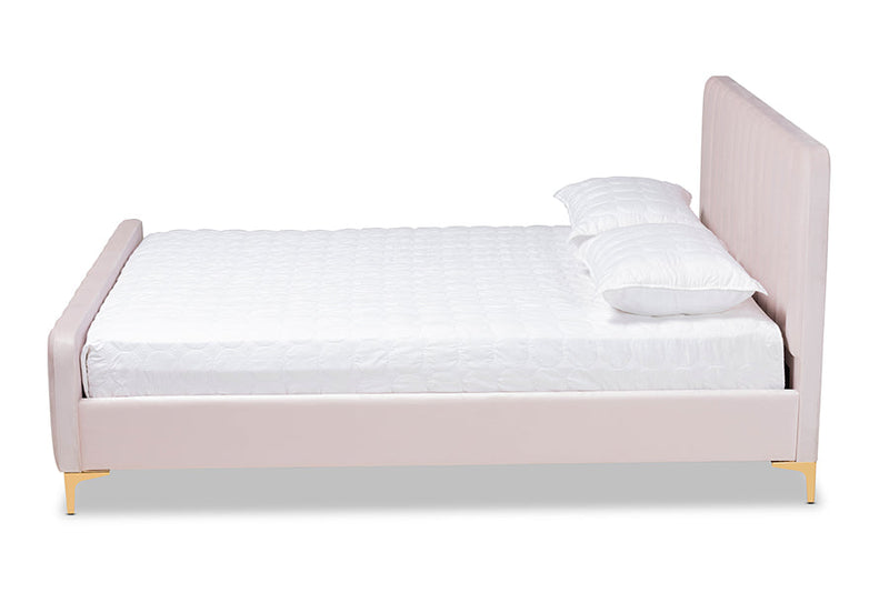 Lafoy Light Pink Velvet Fabric Gold Finished King Size Platform Bed Baxton