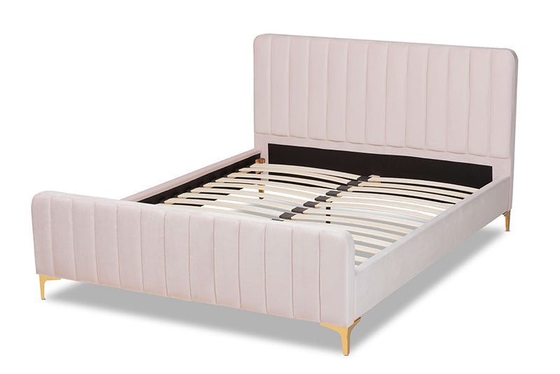 Lafoy Light Pink Velvet Fabric Gold Finished King Size Platform Bed Baxton