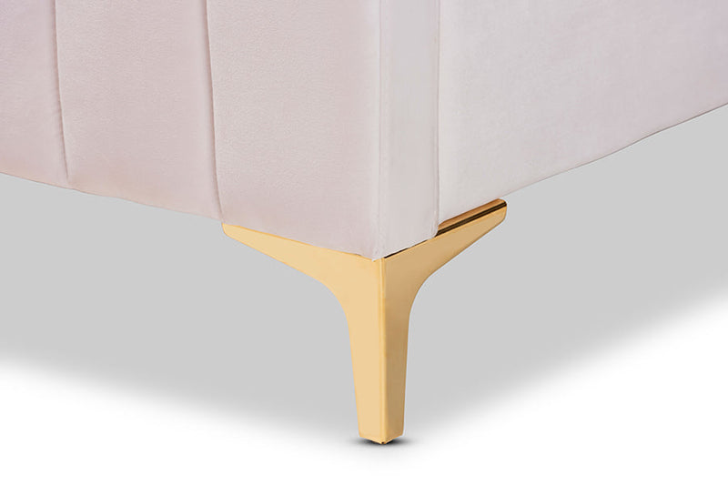 Lafoy Light Pink Velvet Fabric Gold Finished King Size Platform Bed Baxton