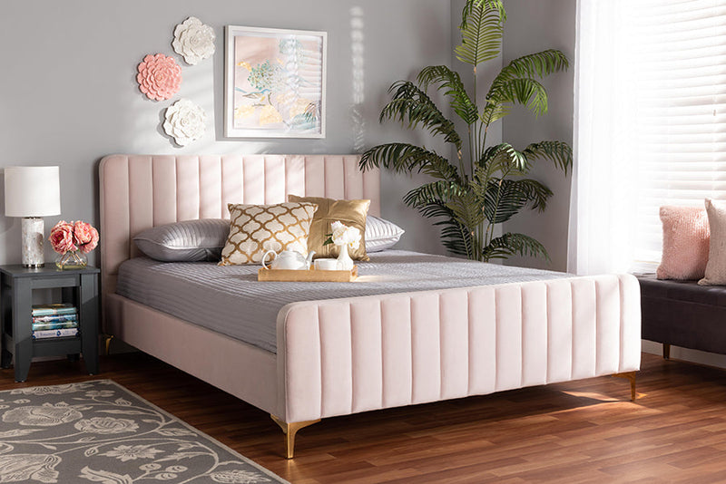 Lafoy Light Pink Velvet Fabric Gold Finished King Size Platform Bed Baxton