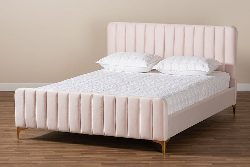 Lafoy Light Pink Velvet Fabric Gold Finished King Size Platform Bed Baxton