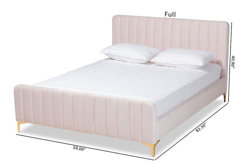 Lafoy Light Pink Velvet Fabric Gold Finished King Size Platform Bed Baxton