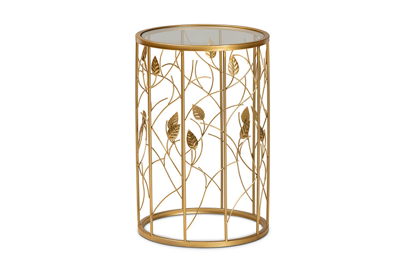 Artha Modern and Contemporary Glam Brushed Gold Finished Metal and Glass Leaf Accent End Table