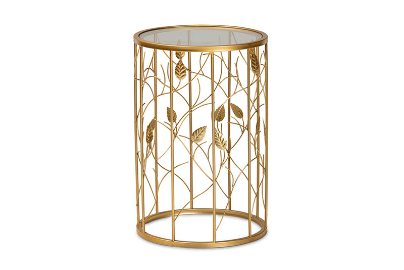 Artha Modern and Contemporary Glam Brushed Gold Finished Metal and Glass Leaf Accent End Table