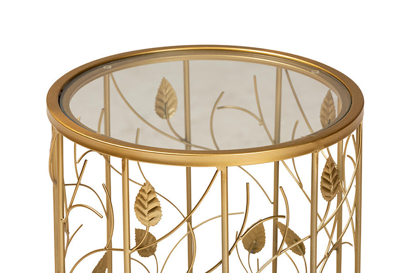 Artha Glam Brushed Gold Finished Metal and Glass Leaf Accent End Table Baxton