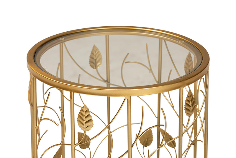 Artha Modern and Contemporary Glam Brushed Gold Finished Metal and Glass Leaf Accent End Table