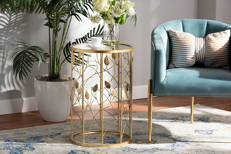 Artha Modern and Contemporary Glam Brushed Gold Finished Metal and Glass Leaf Accent End Table