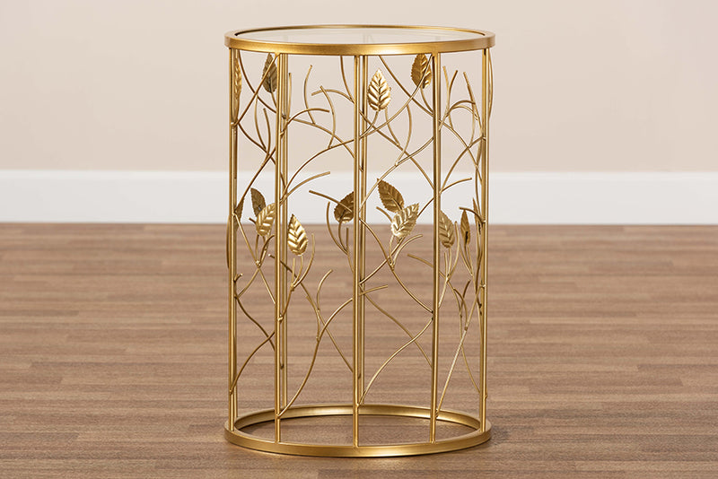 Artha Modern and Contemporary Glam Brushed Gold Finished Metal and Glass Leaf Accent End Table