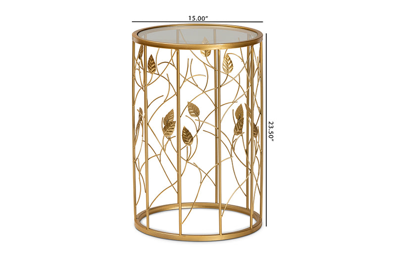 Artha Modern and Contemporary Glam Brushed Gold Finished Metal and Glass Leaf Accent End Table