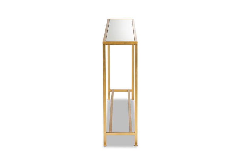 Chavanon Modern and Contemporary Glam Gold Finished Metal and Mirrored Glass Console Table