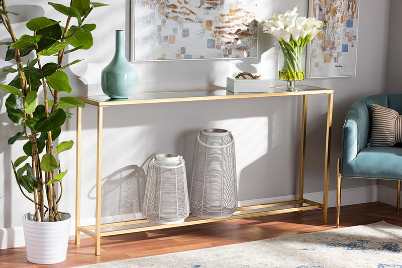 Chavanon Modern and Contemporary Glam Gold Finished Metal and Mirrored Glass Console Table