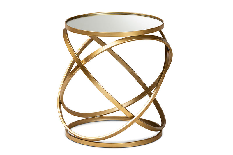 Theresa Gold Finished Metal and Mirrored Glass End Table Baxton