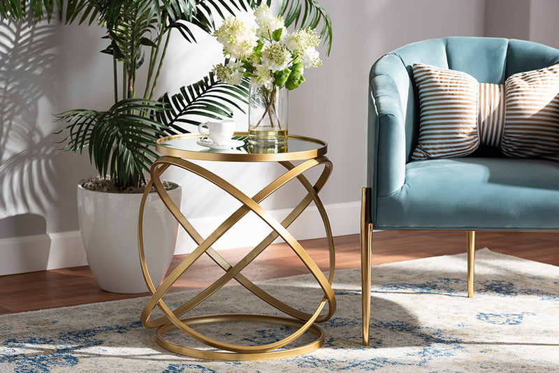 Theresa Glam and Luxe Gold Finished Metal and Mirrored Glass End Table