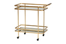 Curtice Brushed Gold Mirrored Glass 2-Tier Mobile Wine Bar Cart Baxton
