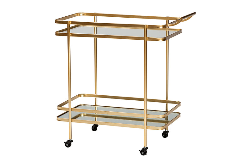 Curtice Modern and Contemporary Glam Brushed Gold Finished Metal and Mirrored Glass 2-Tier Mobile Wine Bar Cart