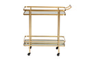 Curtice Brushed Gold Mirrored Glass 2-Tier Mobile Wine Bar Cart Baxton