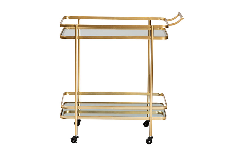 Curtice Modern and Contemporary Glam Brushed Gold Finished Metal and Mirrored Glass 2-Tier Mobile Wine Bar Cart