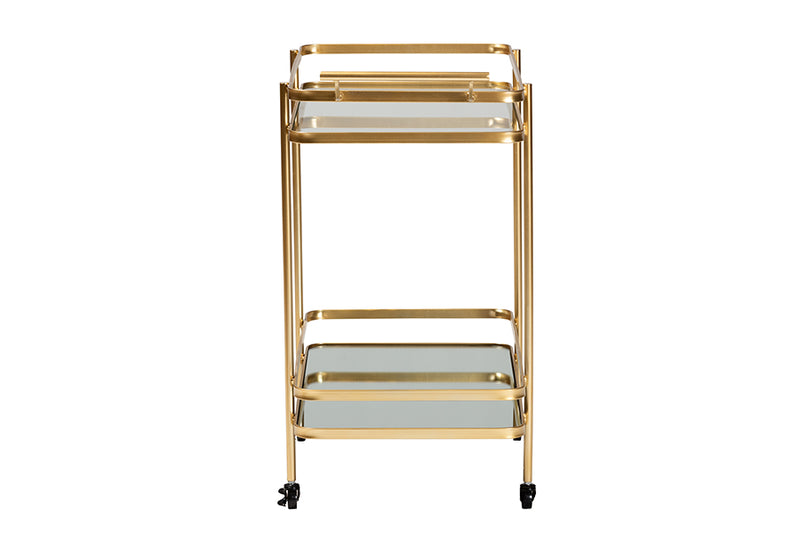 Curtice Modern and Contemporary Glam Brushed Gold Finished Metal and Mirrored Glass 2-Tier Mobile Wine Bar Cart