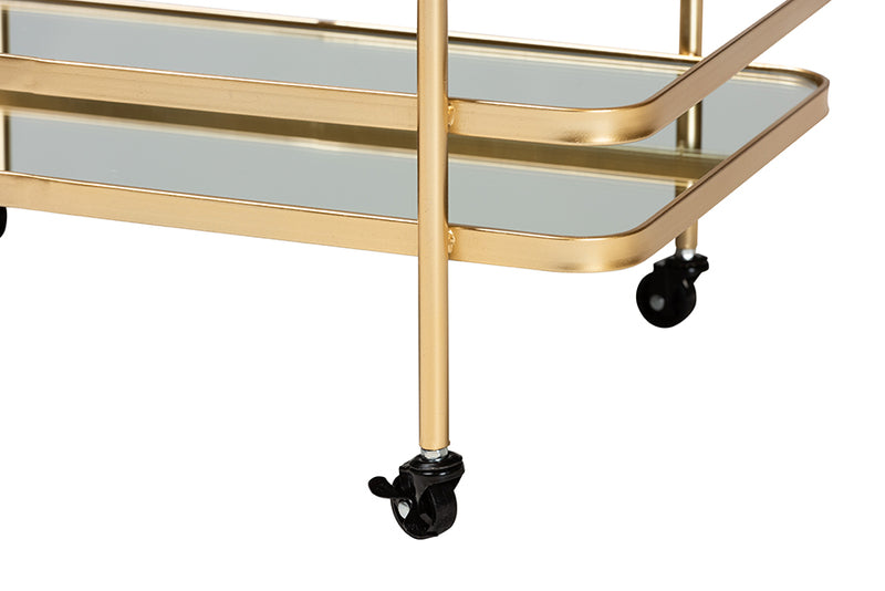 Curtice Modern and Contemporary Glam Brushed Gold Finished Metal and Mirrored Glass 2-Tier Mobile Wine Bar Cart