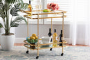 Curtice Brushed Gold Mirrored Glass 2-Tier Mobile Wine Bar Cart Baxton