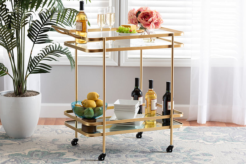 Curtice Modern and Contemporary Glam Brushed Gold Finished Metal and Mirrored Glass 2-Tier Mobile Wine Bar Cart