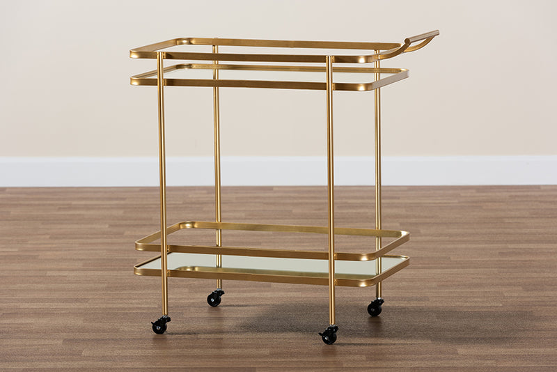 Curtice Modern and Contemporary Glam Brushed Gold Finished Metal and Mirrored Glass 2-Tier Mobile Wine Bar Cart