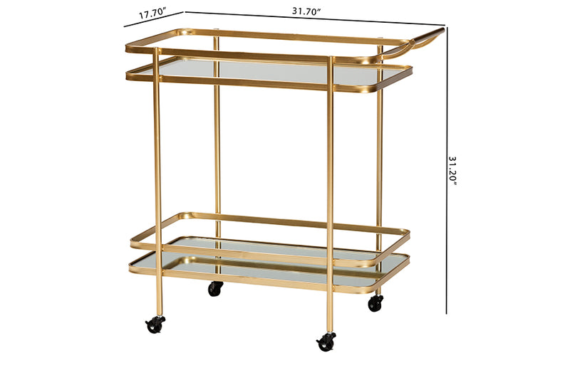 Curtice Modern and Contemporary Glam Brushed Gold Finished Metal and Mirrored Glass 2-Tier Mobile Wine Bar Cart