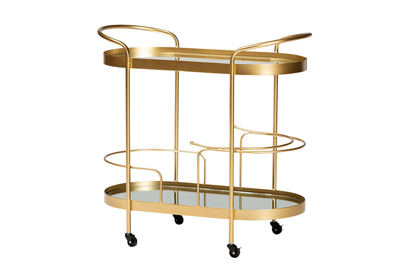 Tarmon Modern and Contemporary Glam Brushed Gold Finished Metal and Mirrored Glass 2-Tier Mobile Wine Bar Cart