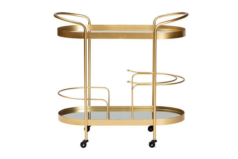 Tarmon Modern and Contemporary Glam Brushed Gold Finished Metal and Mirrored Glass 2-Tier Mobile Wine Bar Cart